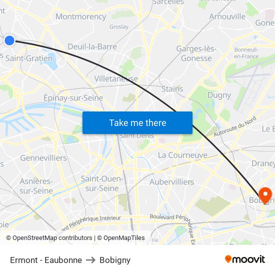 Ermont - Eaubonne to Bobigny map