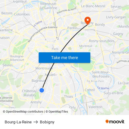 Bourg-La-Reine to Bobigny map