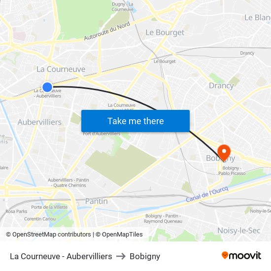 La Courneuve - Aubervilliers to Bobigny map