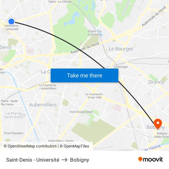 Saint-Denis - Université to Bobigny map