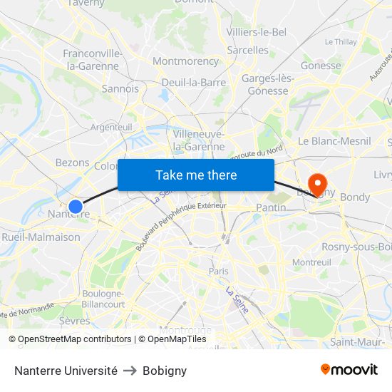 Nanterre Université to Bobigny map