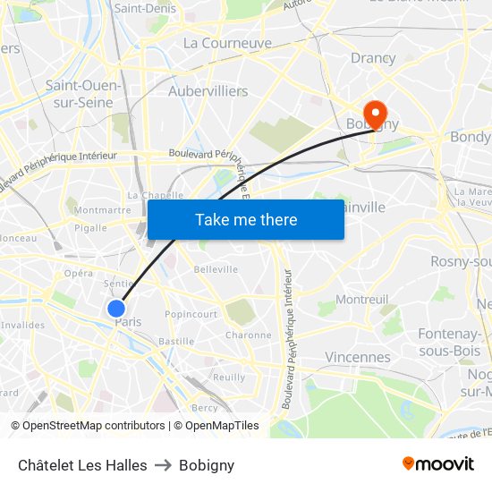 Châtelet Les Halles to Bobigny map