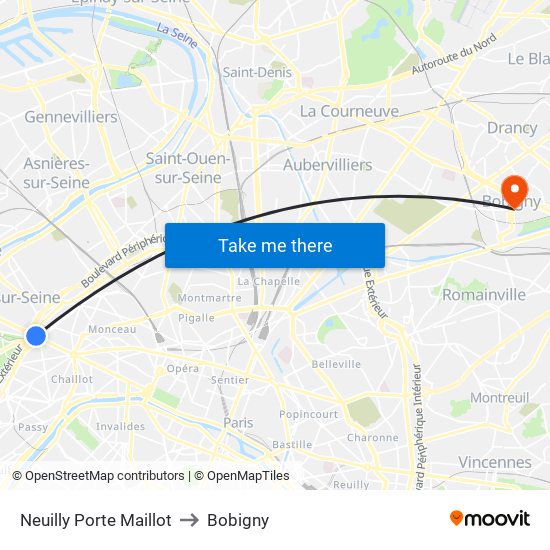 Neuilly Porte Maillot to Bobigny map