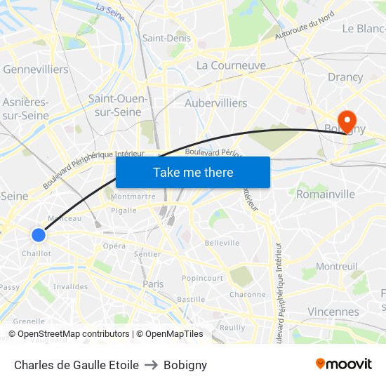 Charles de Gaulle Etoile to Bobigny map