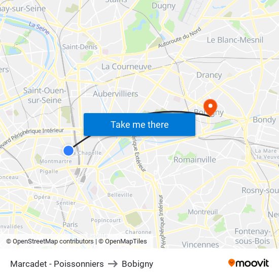 Marcadet - Poissonniers to Bobigny map