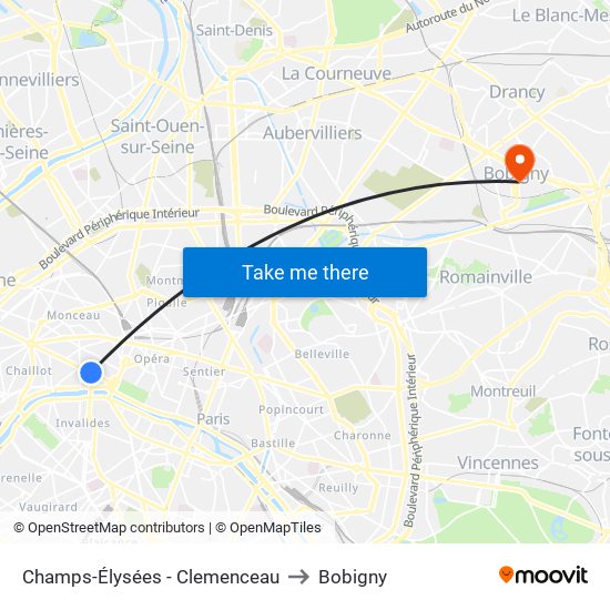 Champs-Élysées - Clemenceau to Bobigny map