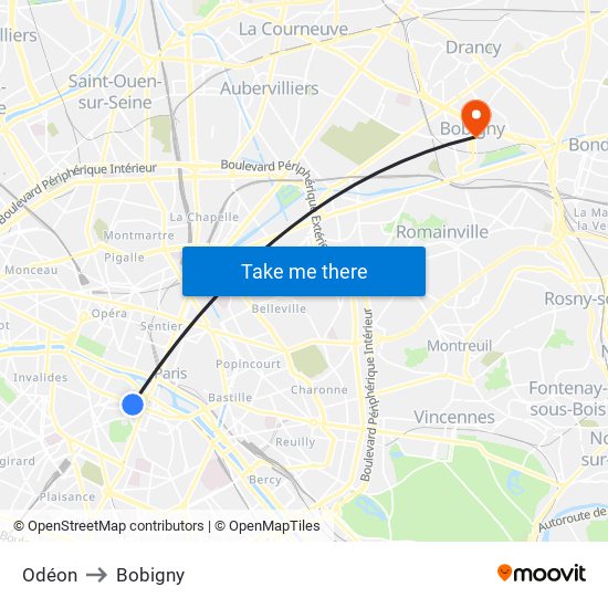 Odéon to Bobigny map