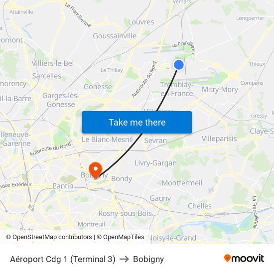 Aéroport Cdg 1 (Terminal 3) to Bobigny map