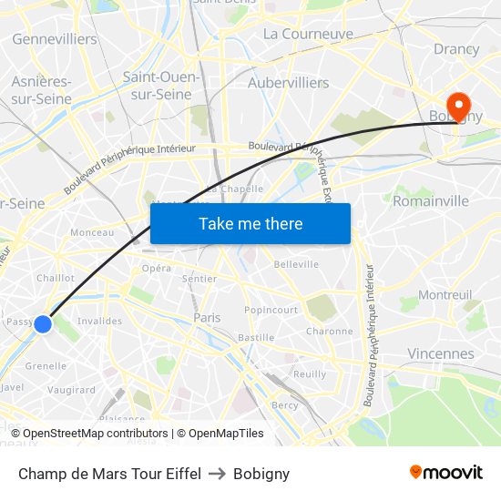 Champ de Mars Tour Eiffel to Bobigny map