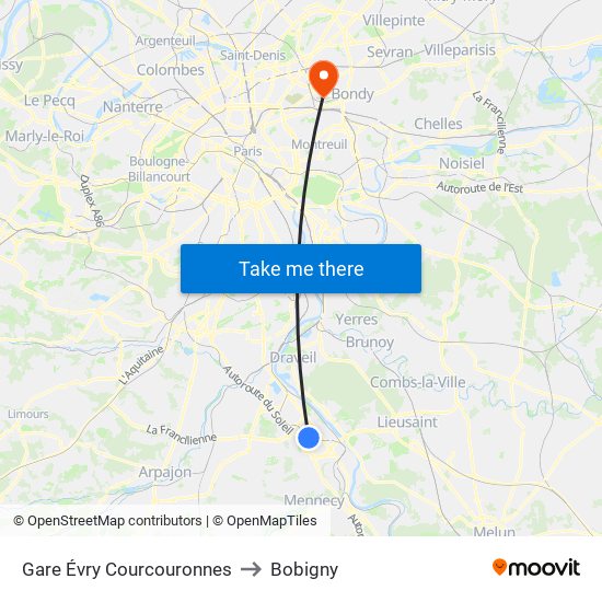 Gare Évry Courcouronnes to Bobigny map