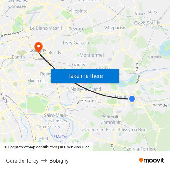 Gare de Torcy to Bobigny map