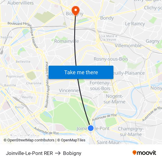 Joinville-Le-Pont RER to Bobigny map