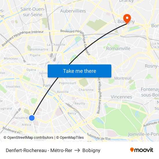 Denfert-Rochereau - Métro-Rer to Bobigny map