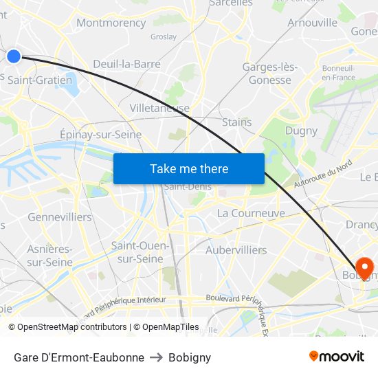 Gare D'Ermont-Eaubonne to Bobigny map