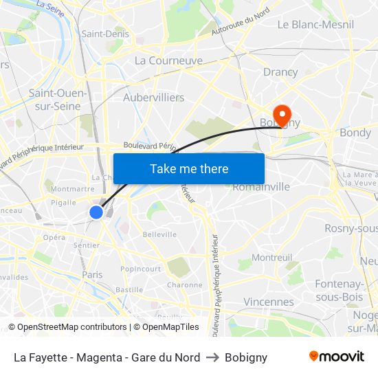 La Fayette - Magenta - Gare du Nord to Bobigny map