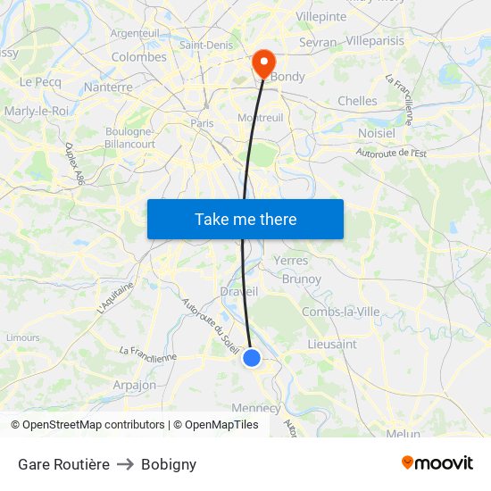 Gare Routière to Bobigny map