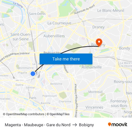 Magenta - Maubeuge - Gare du Nord to Bobigny map