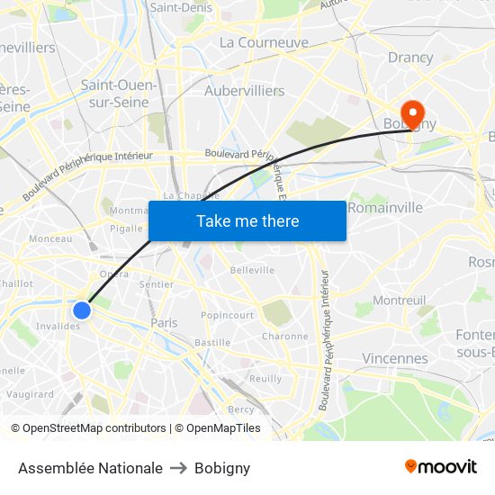 Assemblée Nationale to Bobigny map