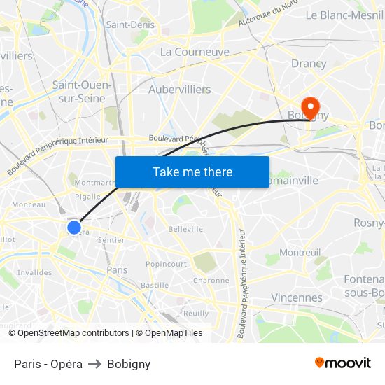 Paris - Opéra to Bobigny map