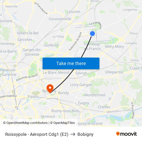 Roissypole - Aéroport Cdg1 (E2) to Bobigny map