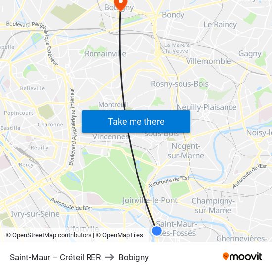 Saint-Maur – Créteil RER to Bobigny map