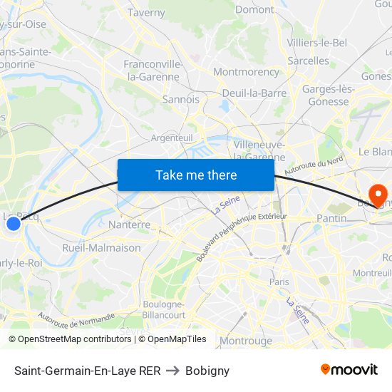 Saint-Germain-En-Laye RER to Bobigny map