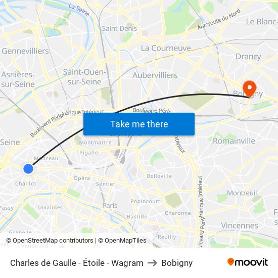 Charles de Gaulle - Étoile - Wagram to Bobigny map