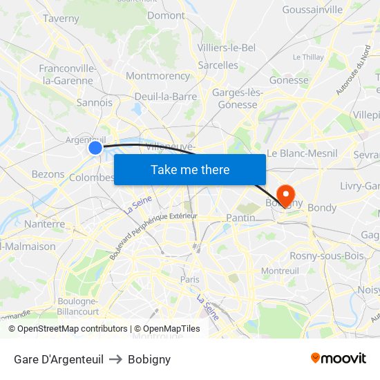 Gare D'Argenteuil to Bobigny map