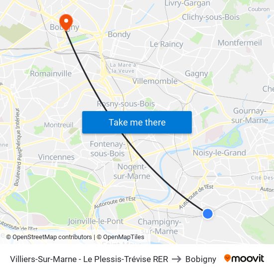 Villiers-Sur-Marne - Le Plessis-Trévise RER to Bobigny map