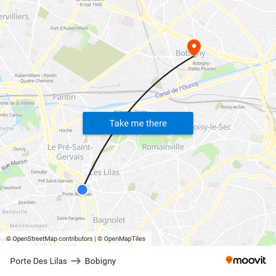 Porte Des Lilas to Bobigny map