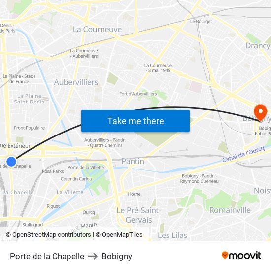 Porte de la Chapelle to Bobigny map