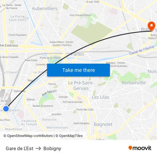 Gare de L'Est to Bobigny map