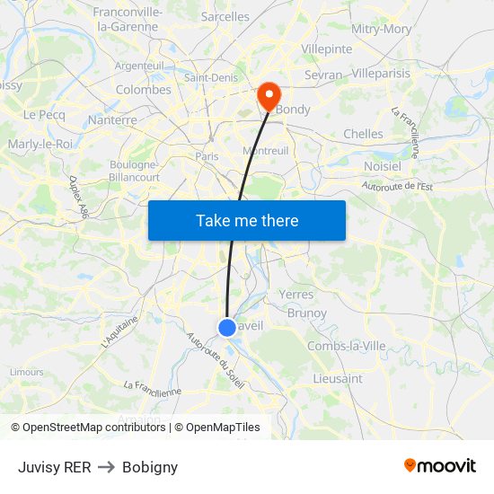 Juvisy RER to Bobigny map