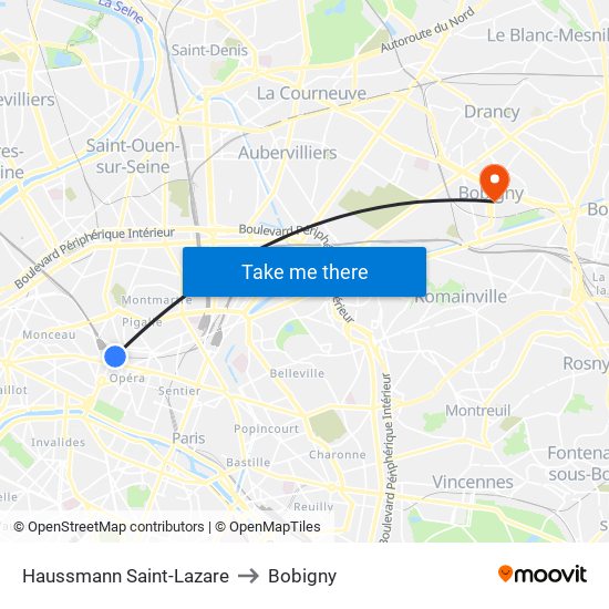 Haussmann Saint-Lazare to Bobigny map