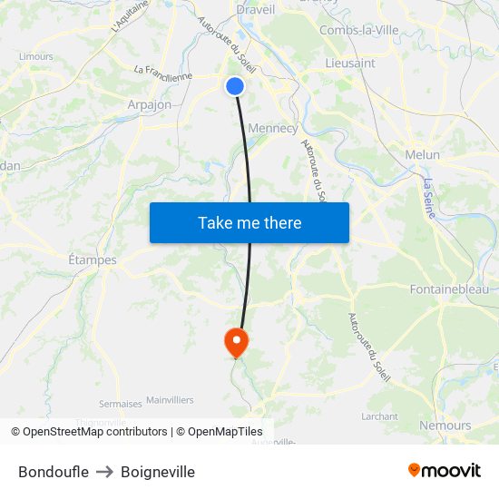 Bondoufle to Boigneville map