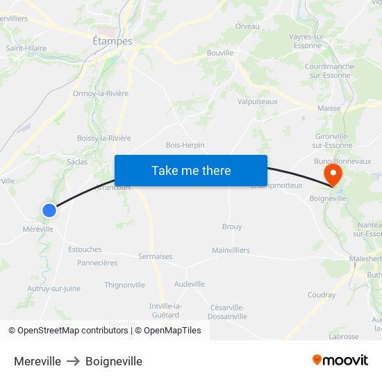 Mereville to Boigneville map