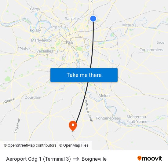 Aéroport Cdg 1 (Terminal 3) to Boigneville map