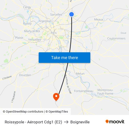Roissypole - Aéroport Cdg1 (E2) to Boigneville map
