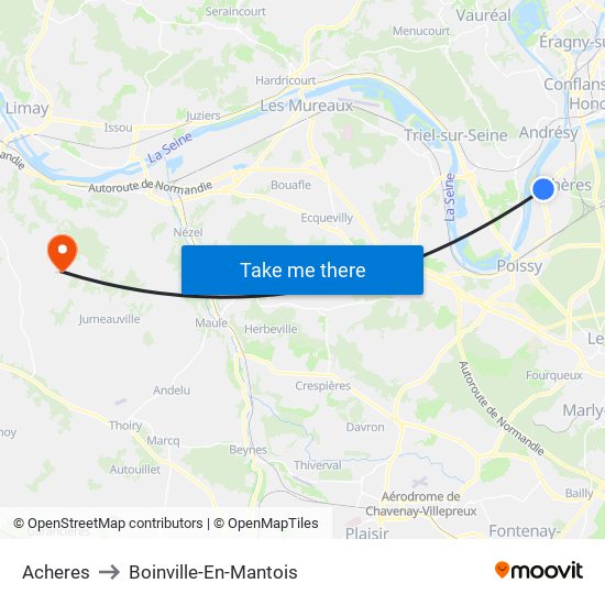 Acheres to Boinville-En-Mantois map