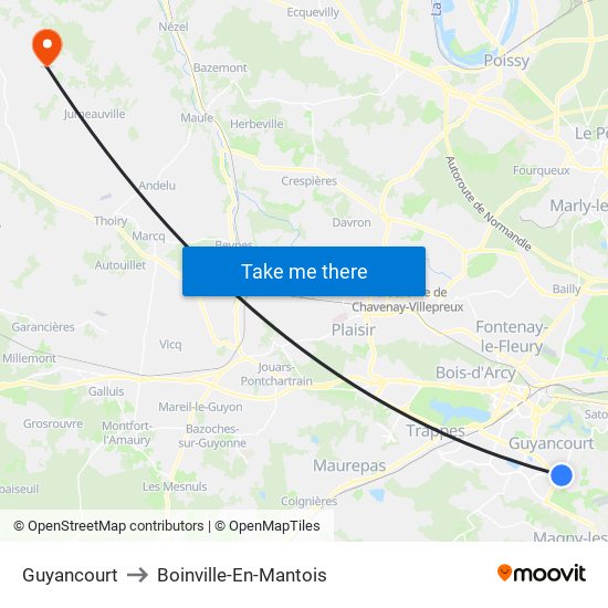 Guyancourt to Boinville-En-Mantois map