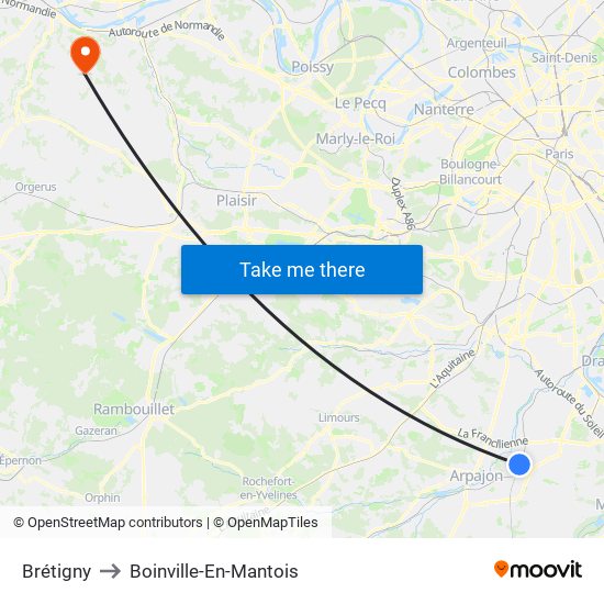 Brétigny to Boinville-En-Mantois map