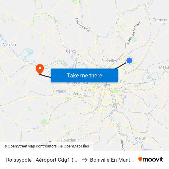 Roissypole - Aéroport Cdg1 (E2) to Boinville-En-Mantois map