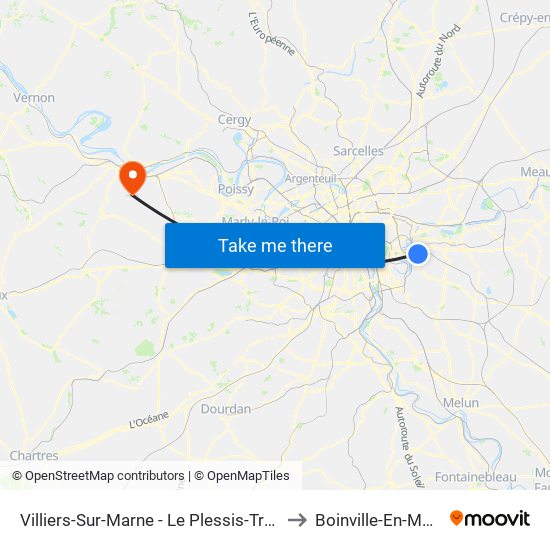 Villiers-Sur-Marne - Le Plessis-Trévise RER to Boinville-En-Mantois map