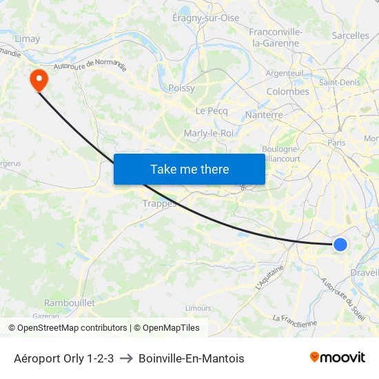 Aéroport Orly 1-2-3 to Boinville-En-Mantois map