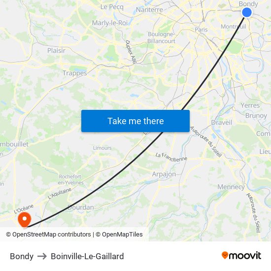 Bondy to Boinville-Le-Gaillard map