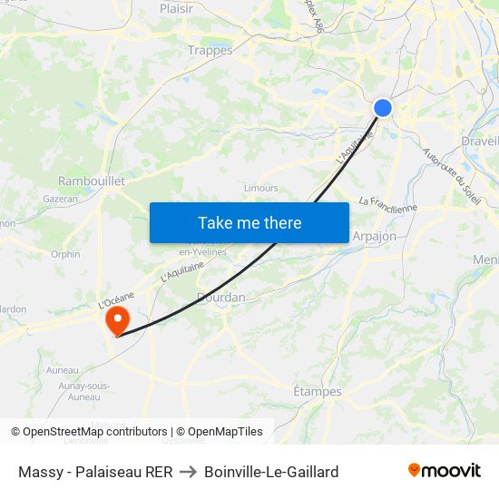 Massy - Palaiseau RER to Boinville-Le-Gaillard map