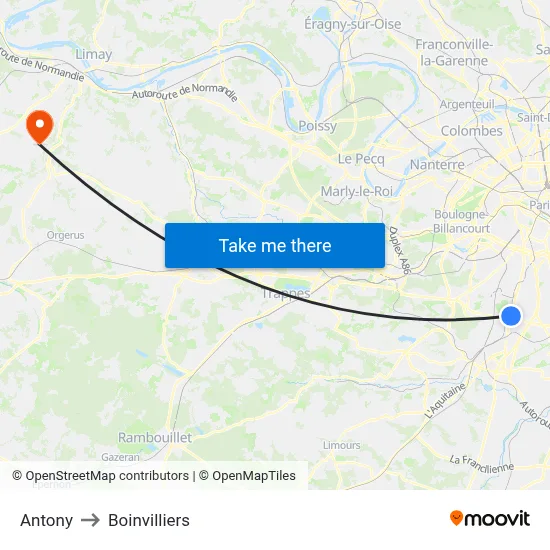 Antony to Boinvilliers map
