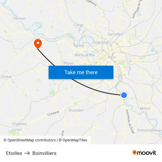 Etiolles to Boinvilliers map