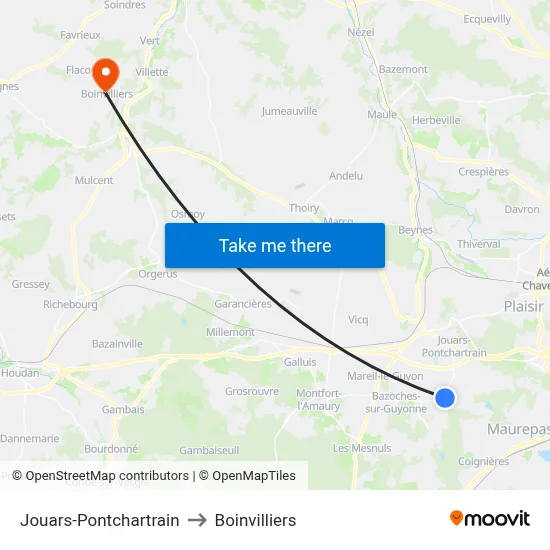 Jouars-Pontchartrain to Boinvilliers map