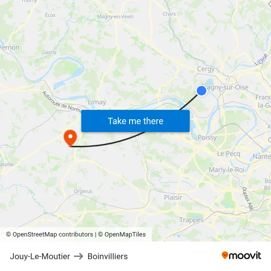 Jouy-Le-Moutier to Boinvilliers map